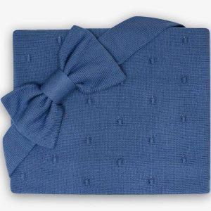 Вязаный комплект на выписку Плед и бант (синий)