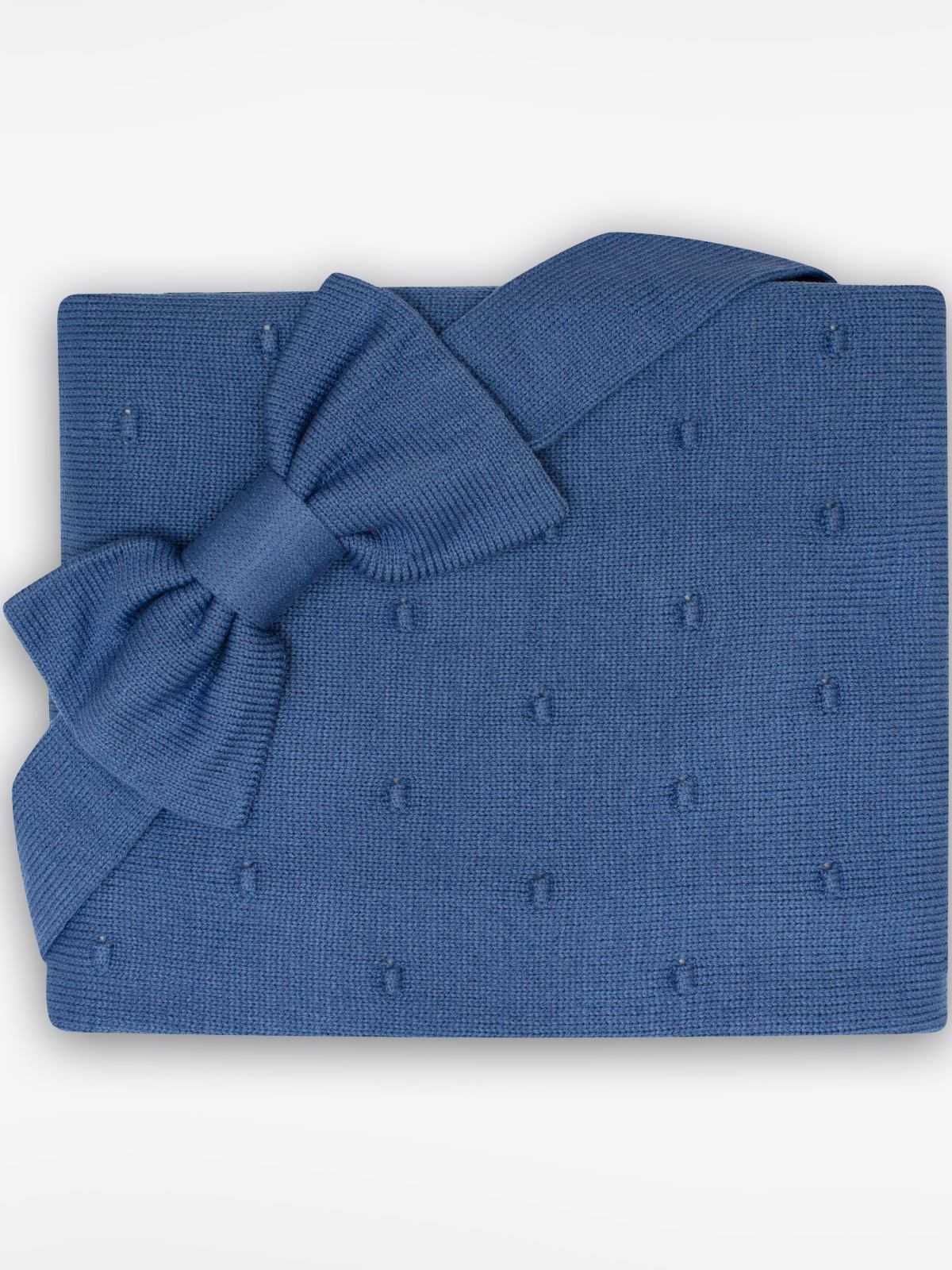 Вязаный комплект на выписку Плед и бант (синий)