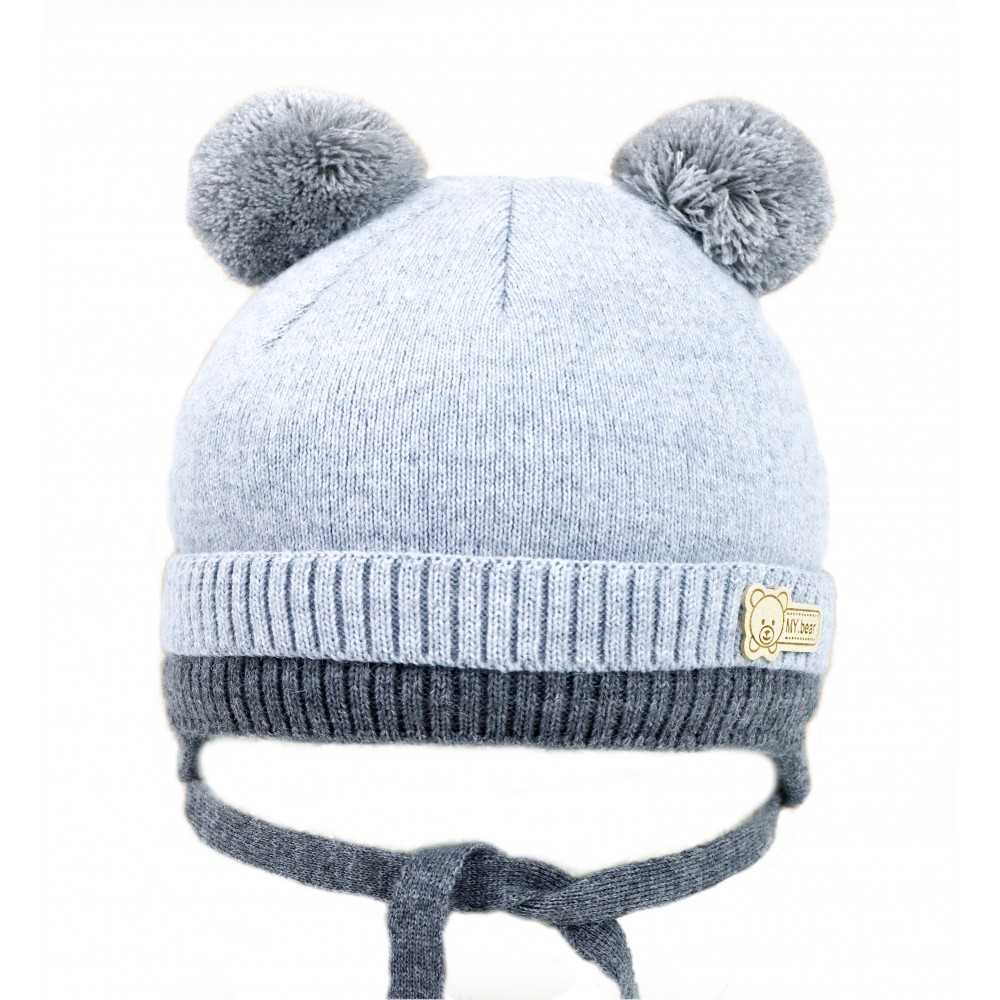 Серая зимняя шапка Мишка на завязках р. 44-46 (6-12 месяцев)