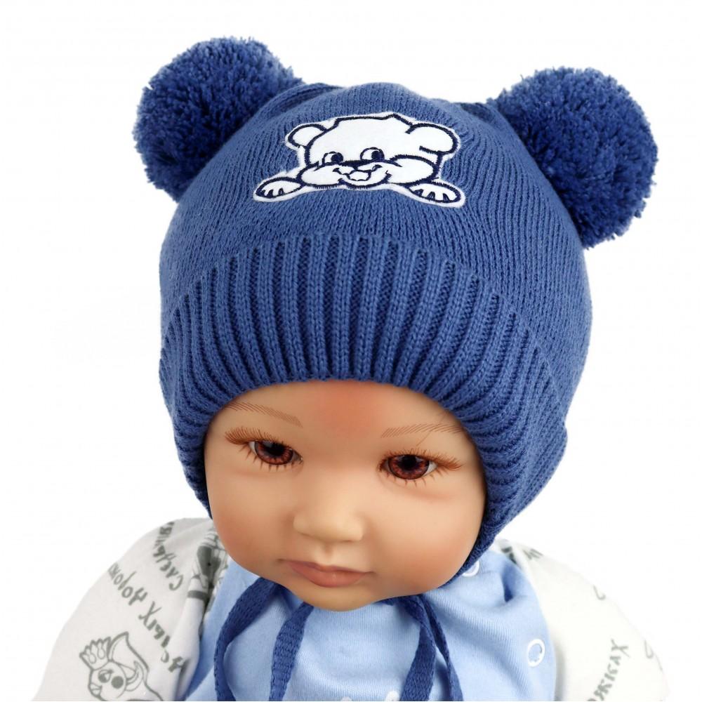 Синяя зимняя шапка Мишка р.36-38 для новорождённых