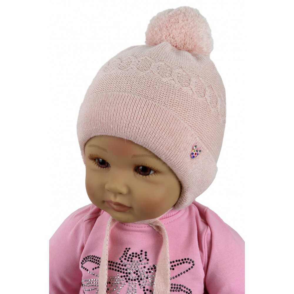 Розовая зимняя шапочка для девочки на завязках р.38-40